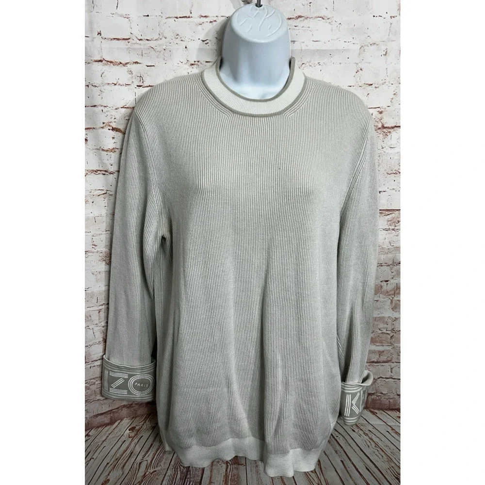 Kenzo Paris Beige Cotton Ribbed Sweater Sz Small Oversized Logo Cuffs Designer
